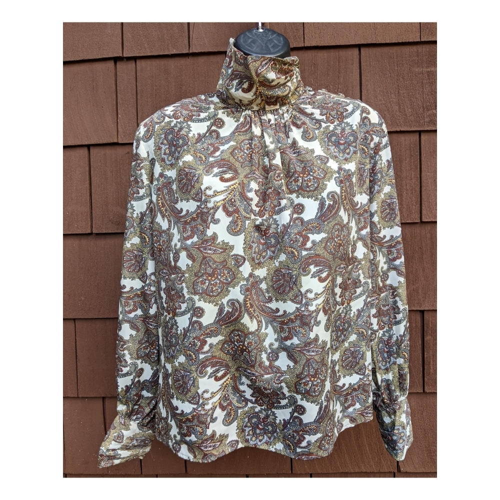 Vintage Andre Sauvage Green Paisley turtleneck long sleeve blouse 6